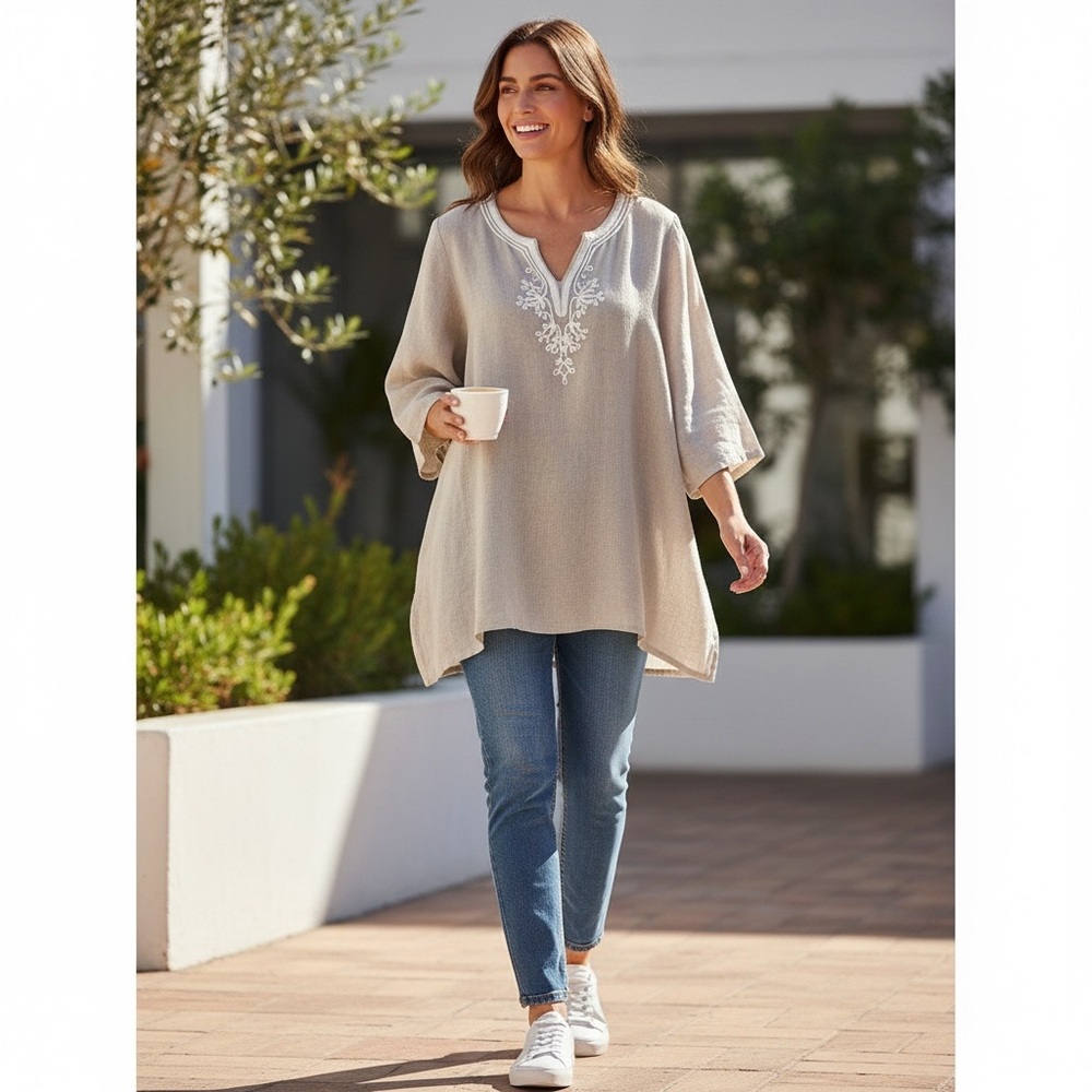 TALBOTS WOMAN 100% Linen Embroidered Beige Tunic Size 1X -- VERY CLASSY!!! - Picture 7 of 10